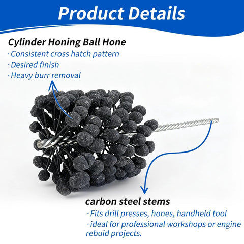 Cylinder honing ball brush, side view, 4.125 in diameter, carbon steel stems and 240-grit silicon carbide balls
