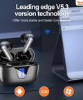Wireless Earbuds With LED Power Display All Day Playtime 50 Hours IPX7 Waterproof In Ear Headphones With Mic shown with phone