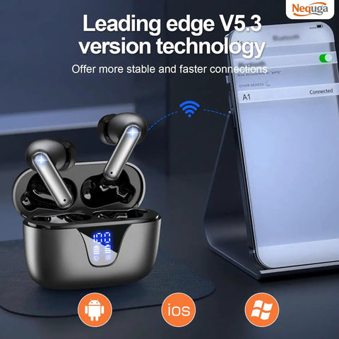 Wireless Earbuds With LED Power Display All Day Playtime 50 Hours IPX7 Waterproof In Ear Headphones With Mic shown with phone