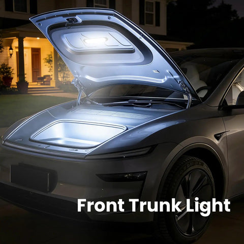 Open car trunk illuminated by Wireless Car Interior Lights 2 Pack With Motion Sensor Rechargeable 1500mAh Dome Roof Ceiling Light For Truck RV Camper And Van Trunk Lighting Magnetic Mount 2 Modes Motion Activated And Always On at night, showing bright LED light, magnetic mounted on ceiling.