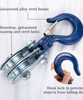 Close-up of 1 Ton Double Cable Pulley Block Hoist With Hook, showing galvanized steel hooks and housing, heavy duty system.