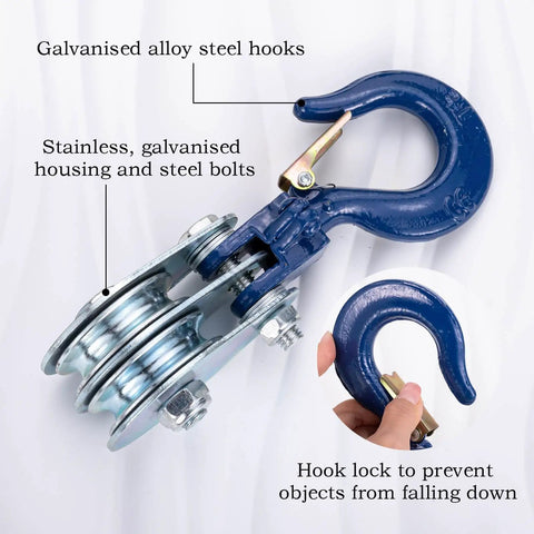 Close-up of 1 Ton Double Cable Pulley Block Hoist With Hook, showing galvanized steel hooks and housing, heavy duty system.