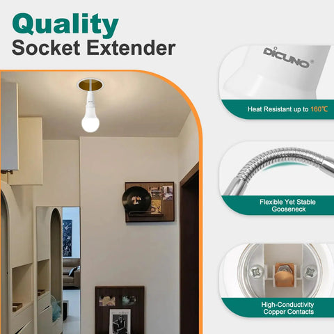 Flexible E26 Socket Extender 6.1 Inch All Directional Adjustable Adapter for Lamp Bulbs Standard Light Socket Extension Converter 2 Pack highlighted with detailed features and in-use display.
