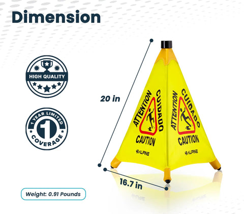Built Tough Wet Floor Signs 3 Pack Pop Up Slippery When Wet Caution Stand 20 inch yellow safety sign with dimensions.