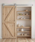Six Foot Brushed Nickel Sliding Barn Door Hardware Kit For 36 Inch Wide Door installed on wooden barn door