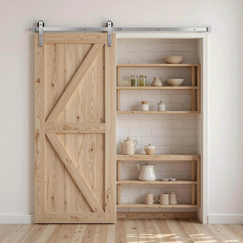 Six Foot Brushed Nickel Sliding Barn Door Hardware Kit For 36 Inch Wide Door installed on wooden barn door
