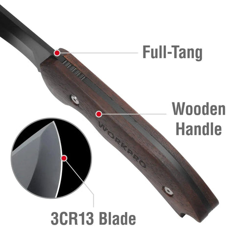 Close-up of Outdoor Axe And Fixed Blade Knife Set With Full Tang And Wood Handle showing blade and wooden handle details.