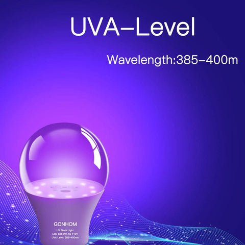 2 Pack A19 LED Black Light Bulbs Dimmable 9W Blacklight Bulbs 100W Equivalent E26 Base 110V UVA 385-400nm Glow In The Dark For Black Lights Parties Body Paint Neon Art Posters illustration with UVA Level and wavelength 385-400nm display.