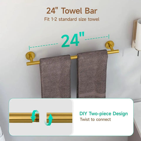 Brushed Gold 4 Piece Bathroom Hardware Set For Modern Walls, 26 Inch Total Length With 24 Inch Towel Bar, Wall Mounted SUS304