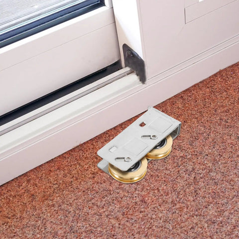 Heavy Duty Sliding Door Window Pulley Replacement Set Featuring Smooth Glide Dual Copper Wheels For Patio Doors and Track Fix Up Hardware Quick Swap Kit on rug.