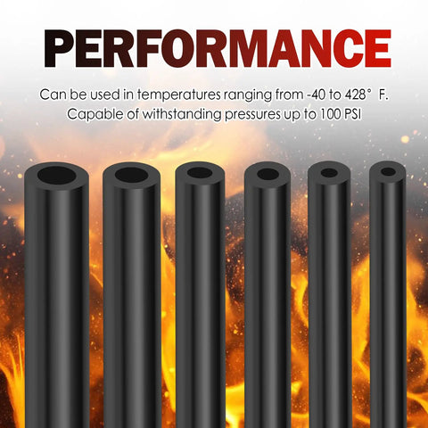 6 Pack 5 Foot Silicone Vacuum Hose Kit For Hot Rods With Massive Hose Fittings Set Including All Sizes From Tiny 1/8 Inch To Big 3/8 And 64 Connectors For Turbo Engines black silicone hoses, 40 to 428°F, 100 PSI