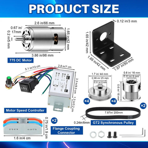 4 Pack 12V To 24V 775 DC Electric Motors With GT2 Synchronous Wheels Aluminum Timing Pulleys And Speed Controller Driver Control Module For Milling Machines And Electric Drills D Shaped Shaft diagram showing components and sizes