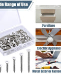 Pro Grade No Sweat Pack Of One Hundred Size Eight White Stainless Steel Self Tapping Wall Plate Screw Set displayed in a clear box.
