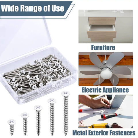 Pro Grade No Sweat Pack Of One Hundred Size Eight White Stainless Steel Self Tapping Wall Plate Screw Set displayed in a clear box.