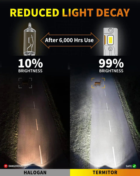Comparison of reduced light decay between halogen and termitor bulbs, showing 10% vs 99% brightness after 6,000 hours.
