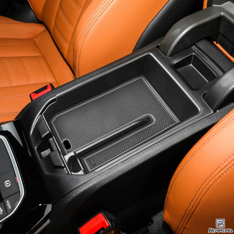 BMW X3 G01 2018-2024 and BMW X4 G02 2019-2025 center console organizer tray, black, installed in car armrest