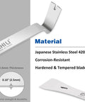 Seven Eighths Inch Wide Mini Stainless Steel Pry Bar With Flat End For Nail Pulling And 18 Gauge Brad Removal Handy For Small Nails Premium Japanese Stainless Steel 420J2 Made In Taiwan showing material details and thickness.