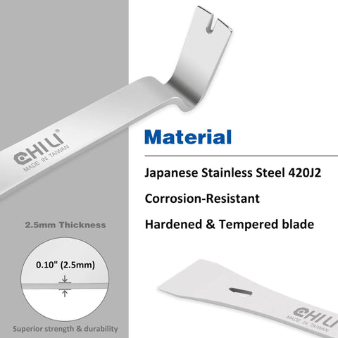 Seven Eighths Inch Wide Mini Stainless Steel Pry Bar With Flat End For Nail Pulling And 18 Gauge Brad Removal Handy For Small Nails Premium Japanese Stainless Steel 420J2 Made In Taiwan showing material details and thickness.