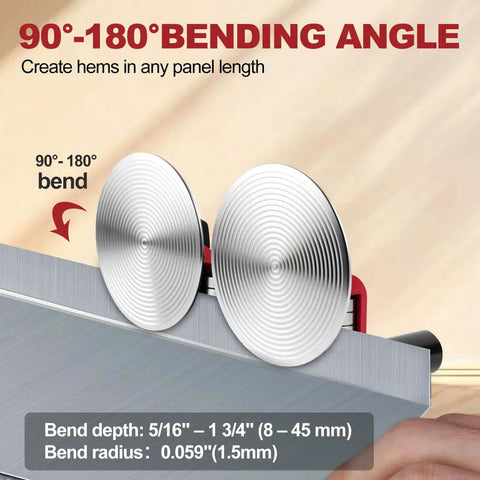 Two Station Disc Sheet Metal Bender for DIY Roof Projects showing 90 to 180 degree bending angle with detachable disc