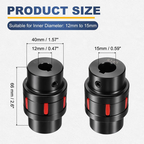 Flexible Jaw Shaft Coupling For 12mm To 15mm Bore, 40mm Diameter 45 Steel Motor Connector, High Torque Shaft Coupler For 3D Printers, CNC Machines, Servo And Stepper Motors, size diagram