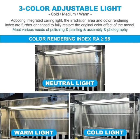 3-Color Adjustable Light panel demonstrating Neutral, Warm, and Cold light settings for Rock Solid Waterfall Airbrush Spray Booth.