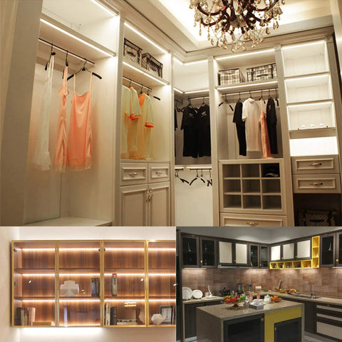 Under Cabinet LED Lighting Kit 6 Pack 11 Inch Plug In Cold White 6000K Linkable Dimmable illuminating kitchen and closet shelves
