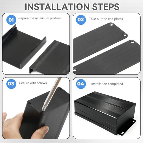 Installation steps for Rugged Split Aluminum Enclosure Project Box With A Slick Brushed Cap in Sand Black, showcasing preparation and assembly.