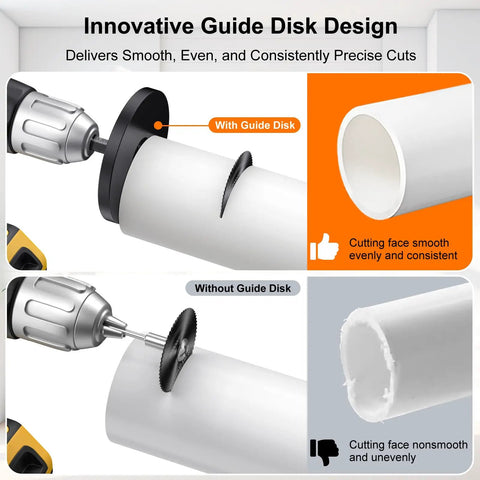 Inside PVC Pipe Cutter With Built In Measurement Scale And Adjustable Depth Gauge Six Black Blades Four Inch Hex Shank All In One Cutting Tool Set shown cutting PVC with and without guide disk for smooth finish.