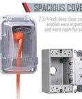 Rugged Nonmetallic Extra Duty In Use Cover Kit For 15 Amp WRTR GFCI Outlet With Self Test 1 Gang Clear And Gray Outdoor Weatherproof Cover Built To Take A Beating UL Listed showing spacious clear cover with outlet and orange cord