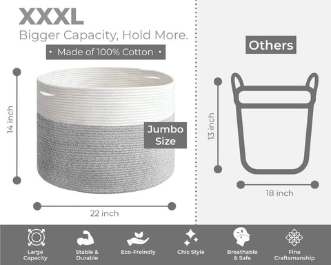 Big Woven Storage Basket For Laundry And Blankets, 22 by 14 Inches, Beige Cotton Organizer, XXXL size, comparison chart