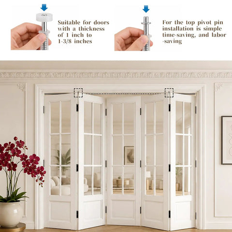 4 Pack Pocket Door Top Roller Kit with Bi-Fold Closet Hardware focus on top roller and pivot for folding glass doors.