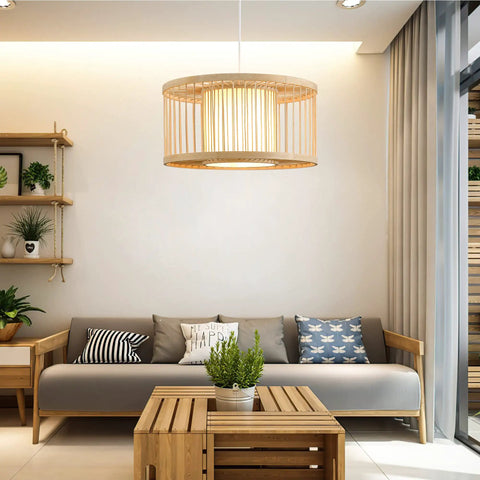 Living room with Boho Rattan Pendant Light 15.8 Inch Coastal Drum Hanging Fixture With Natural Wicker Shades