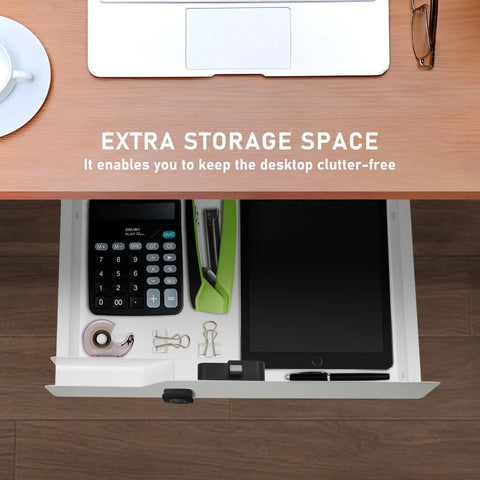 Sleek Under Desk Drawer With Biometric Fingerprint Lock Smooth Metal Slide Tray No Key Hassle Secret Stash For Laptops Paper Everyday Carry In Crisp White, showing organized items inside.