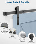 Heavy Duty Sliding Barn Door Hardware Kit With 8Ft Black Steel Track Rail Industrial Grade Roller System Handles And Latch Floor Guide For Closets Kitchen Bathroom And Garage 260Lb Capacity installed on blue door