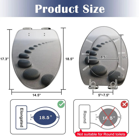 Toilet Seat Slow Close Elongated for Bathroom showing dimensions: 18.5" length, 14.5" width, suitable for elongated toilets.