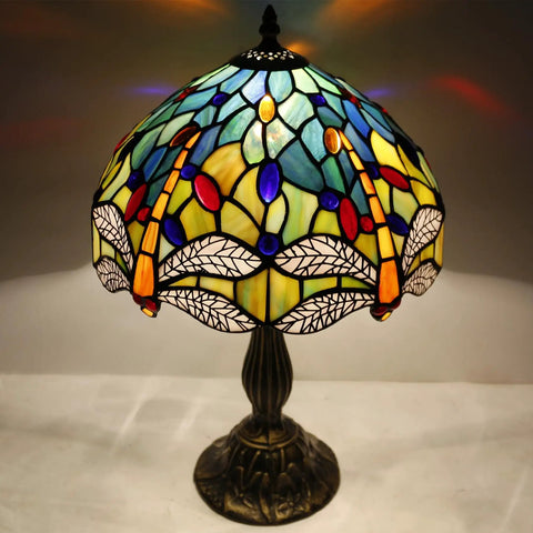 Sea Blue And Yellow Stained Glass Dragonfly Tiffany Table Lamp Dope Nautical Reading Desk Bedside Light For Bedroom Living Room And Home Office Decor 12 Inch Shade 18 Inch Tall UL Listed featuring intricate dragonfly design