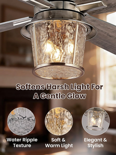TALOYA 52" Farmhouse Ceiling Fan with Light and Remote,Rustic Style, textured glass shade with warm light glow.