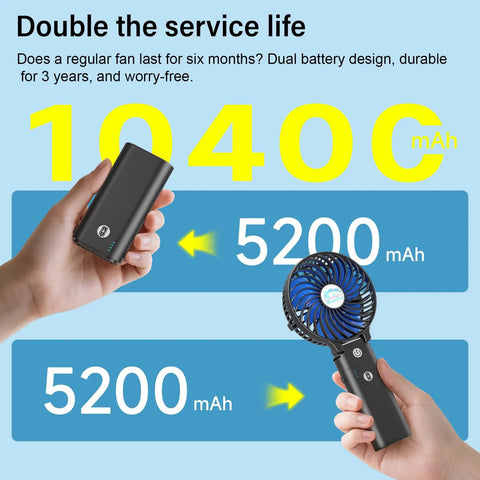 10400mAh Portable Handheld Fan With All Day Battery Life Foldable Mini Personal Fan dual battery feature showing 5200mAh handheld device