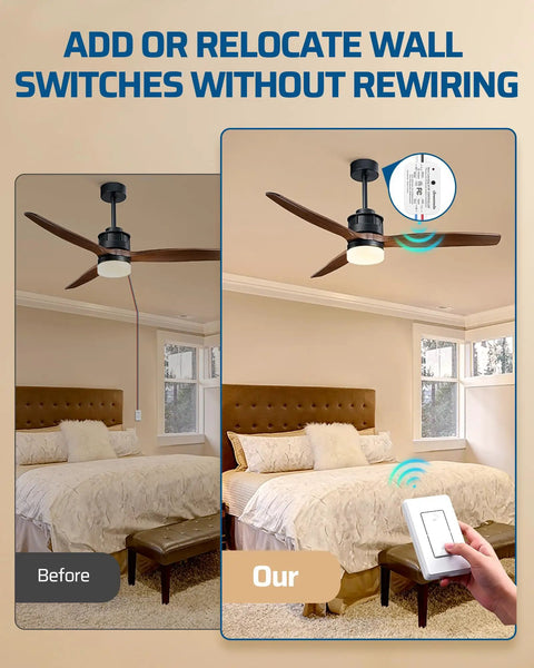 Wireless Light Switch And Receiver Kit No Wiring Required with remote control for ceiling fan and light in bedroom.