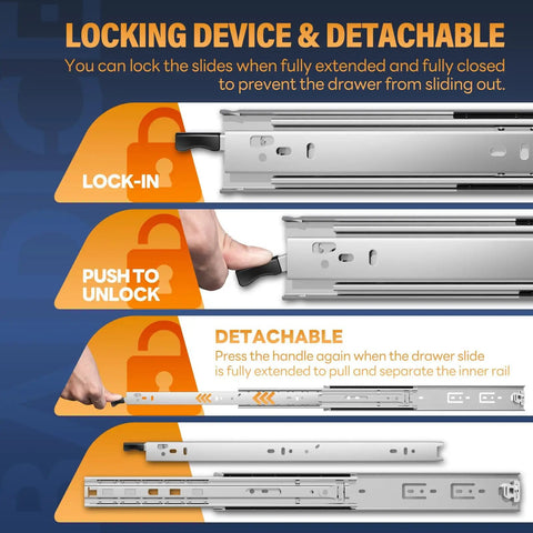 Heavy Duty Locking Drawer Slides With Lock, Full Extension Ball Bearing Rails, Side Mount, Locking Handles, 150 lb load capacity