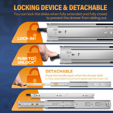 Pro Shop Grade Locking Drawer Slides Side Mount Full Extension Ball Bearing Runners With Removable Security Handles For Garage Drawers And Pickup Rigs 150 Pound Load Capacity One Pair Twelve Inch Track locking device features and mechanism, showing lock-in, push to unlock, and detach processes.