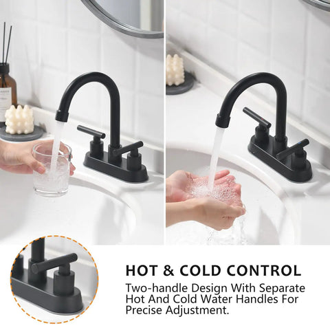 Matte Black Two Handle Bathroom Faucet For 4 Inch Centerset Sinks With Pop Up Drain And Water Supply Lines Made From 304 Stainless Steel Rust And Fingerprint Resistant Built To Last Easy Install No Fuss Vanity Fixture with separate hot and cold handles.