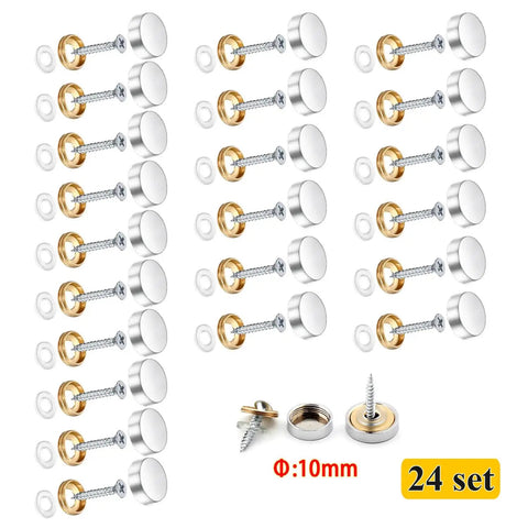 Real Deal Mirror Finish Screw Caps For 24 Sets 10 Mm Decorative Stainless Steel Furniture Nails With Grip Tough Rubber Liners For Heavy Duty Tables And Closet Hardware Projects In Classic Silver arranged in a grid with washers.