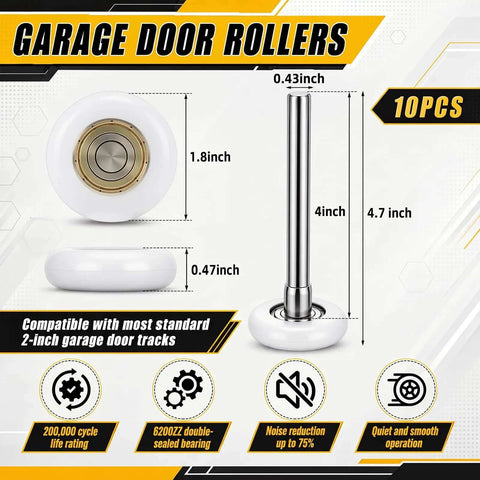 ElaraBerry Garage Door Repair Kit With 17 Inch Torsion Spring Winding Rods, 8 Ft Heavy Duty Cables, And Ten Smooth Nylon Rollers Featuring 6200 Zz Bearings For Quick Home Fixes. 10pcs rollers, 1.8 inch white nylon, 0.43 inch stem