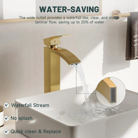 Brushed Gold Vessel Sink Faucet With Waterfall Design Tall Spout Single Handle Single Hole DIY Friendly Installation Pop Up Drain Without Overflow Durable Bathroom Basin Faucet Supply Line