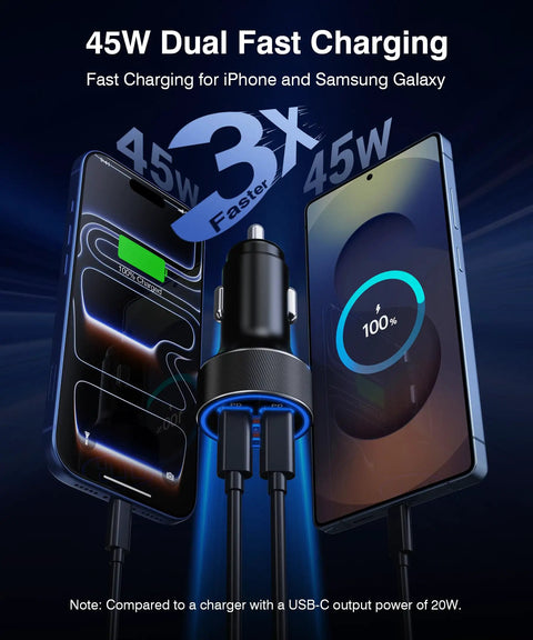 Two Pack 90W USB C Car Charger With Four Independent Power Ports Blazing Fast Cigarette Lighter Adapter on display with smartphones.