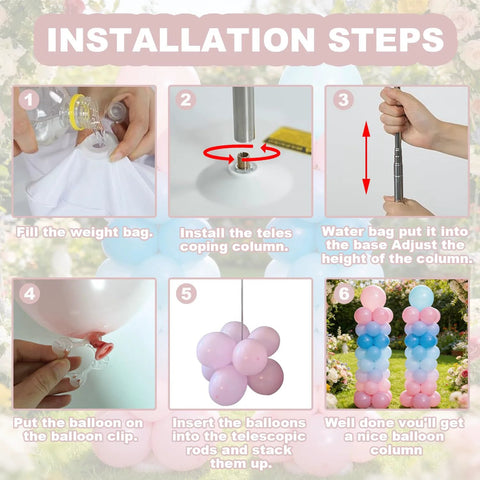 LANGXUN 12ft balloon arch kit with balloon column stand; pink balloons and step-by-step installation images.