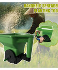 Grab And Go Handheld Grass Seed And Fertilizer Spreader displayed with focus on adjustable flow knob and green design