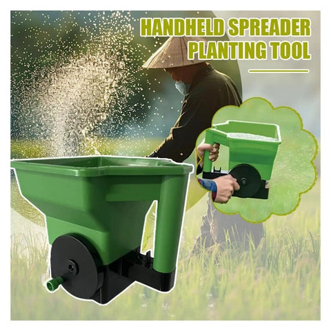 Grab And Go Handheld Grass Seed And Fertilizer Spreader displayed with focus on adjustable flow knob and green design