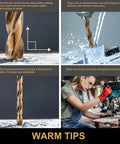 Collage showing tips for using the 115 Piece Cobalt Drill Bit Set M35 HSS For Hardened Steel with images of vertical drilling and safety gear.